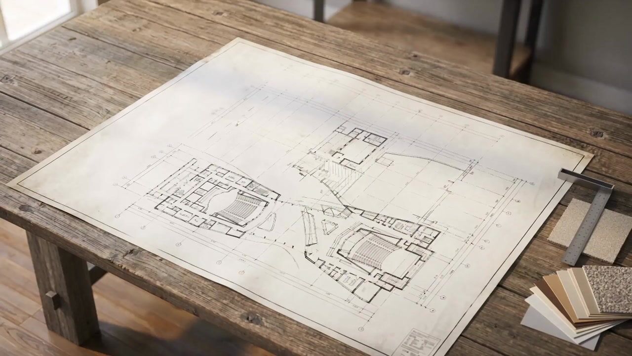 Hand-drawn architectural blueprint unrolled on a wooden table