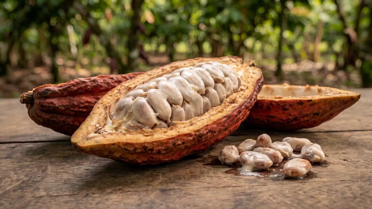 Cacao pod split open to show the beans, on a wooden table in a plantation