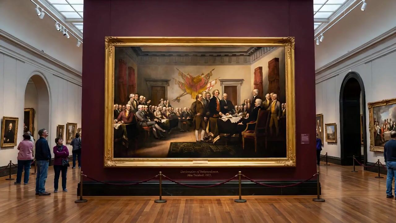 Visitors viewing a large framed historical painting in a museum gallery