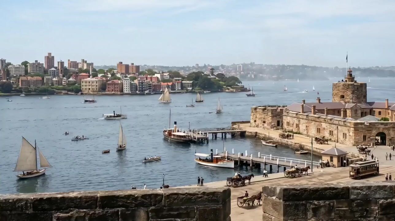 Colourised historic photograph of Sydney Harbour with sailing boats and a stone fort