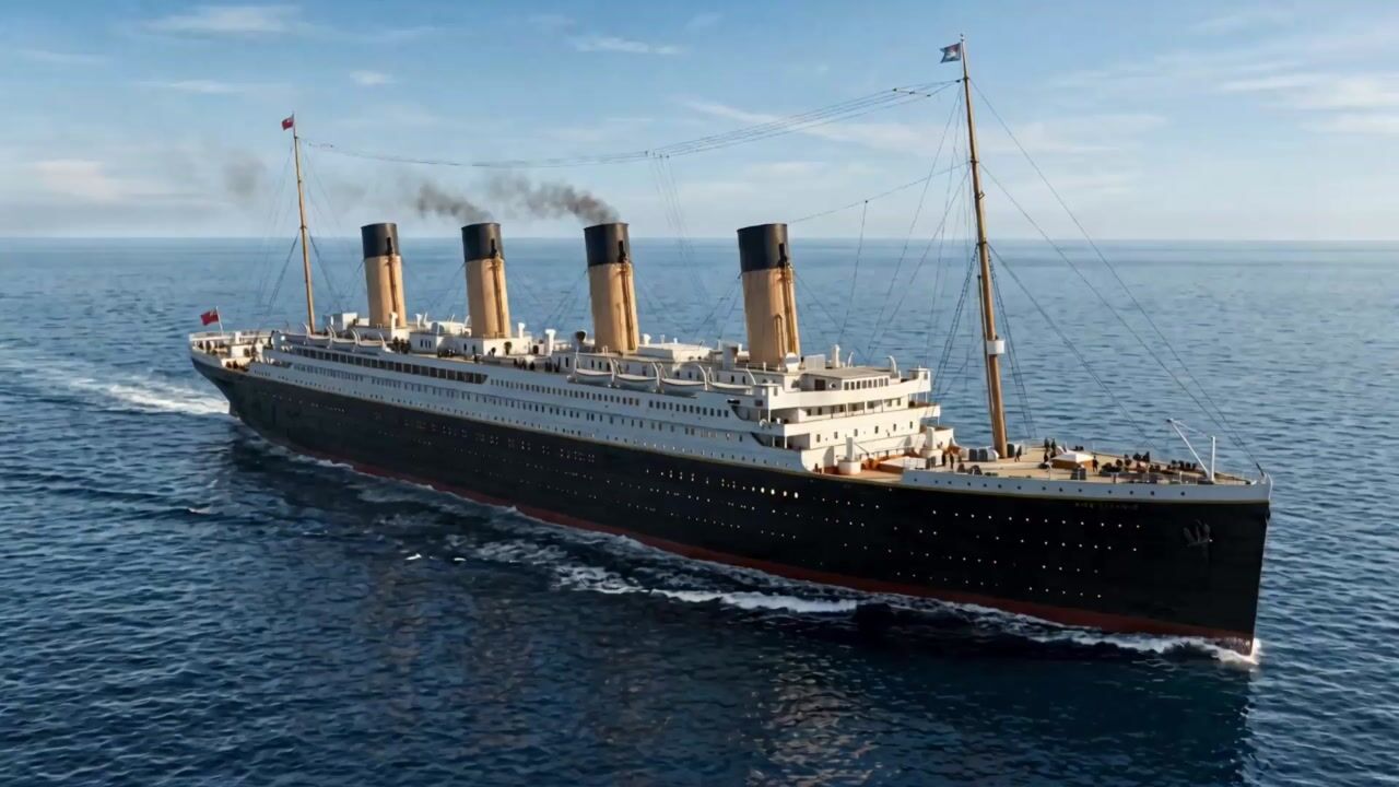 Early twentieth-century four-funnel ocean liner at sea