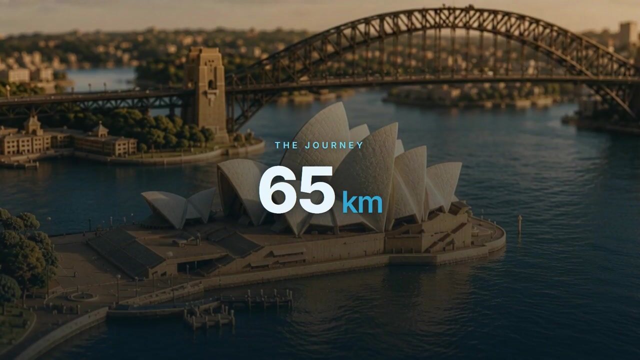Aerial view of Sydney Harbour with the Opera House and Harbour Bridge, captioned The Journey 65km