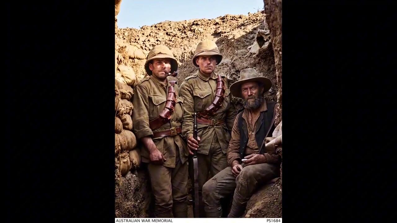 Three First World War soldiers in a trench at Gallipoli, from a restored archive photograph