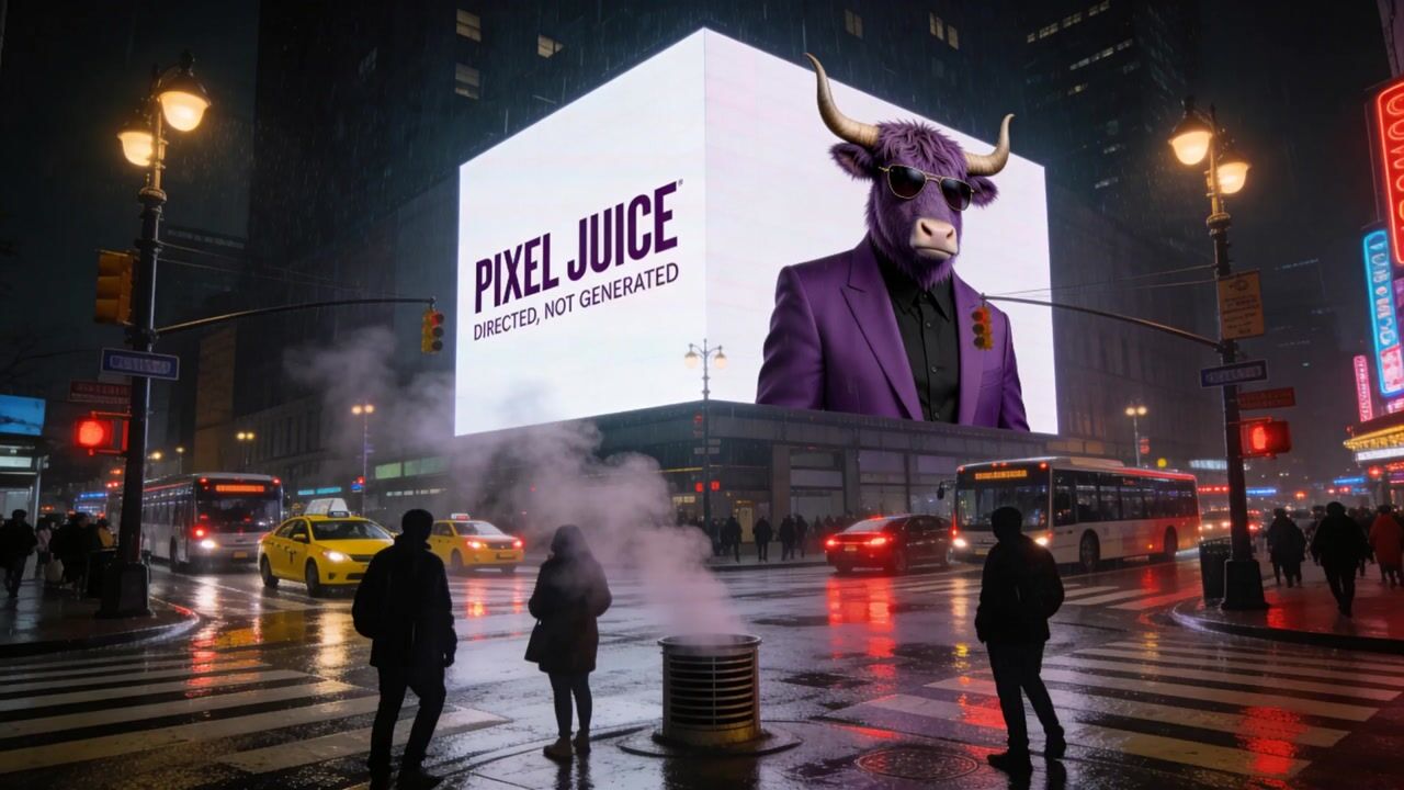 City billboard at night showing a bull in a purple suit, captioned Pixel Juice, directed not generated