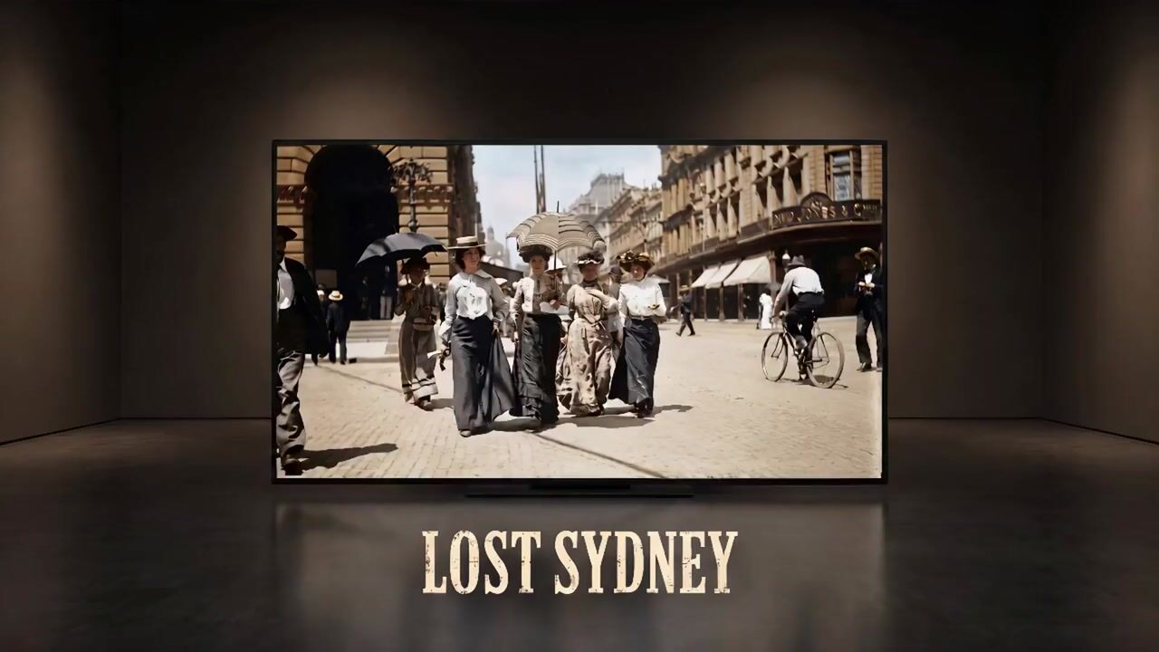 Gallery screen showing a restored photograph of a historic Sydney street, titled Lost Sydney