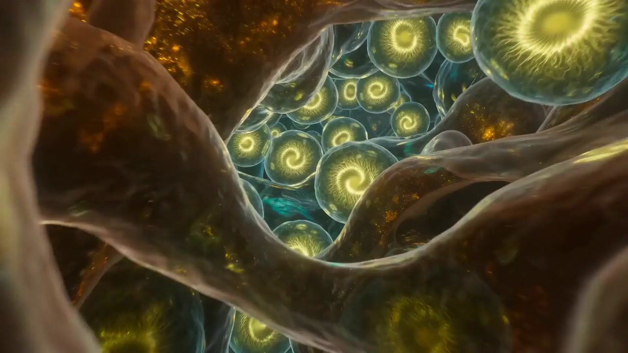 Glowing microscopic cell structures rendered inside body tissue