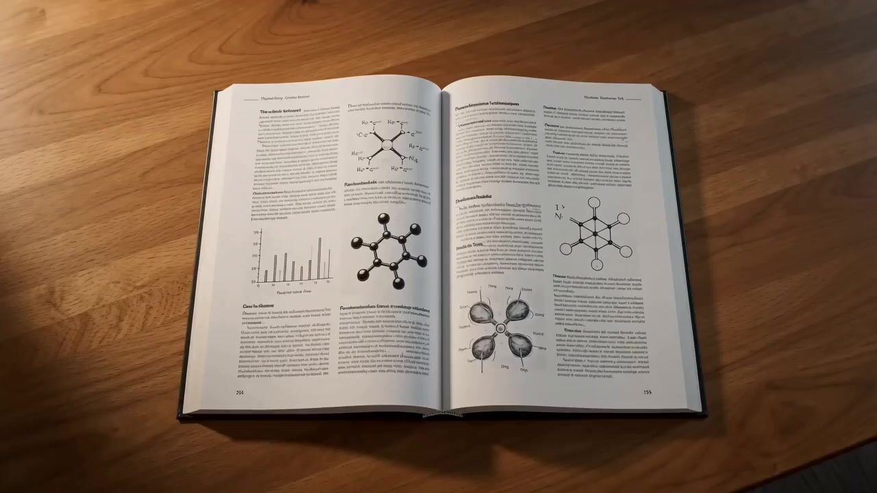 Open science textbook on a desk, showing molecular diagrams and data charts