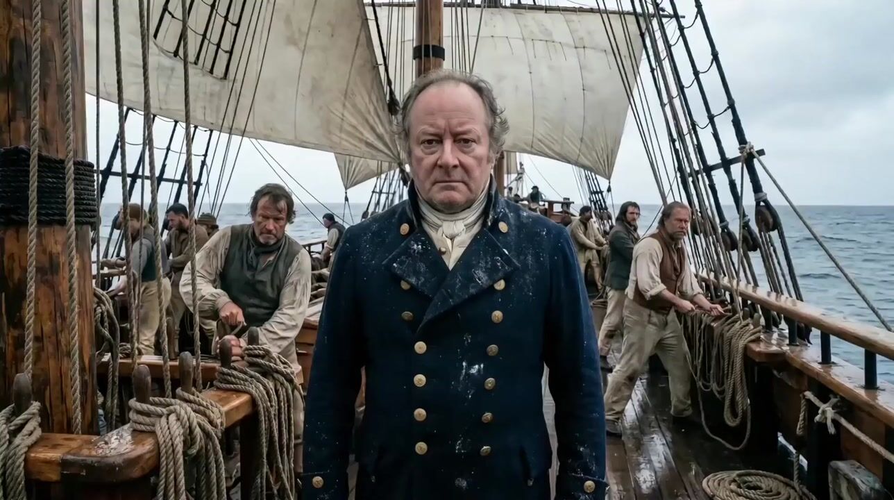 Recreation of a colonial naval officer and crew on the deck of a sailing ship