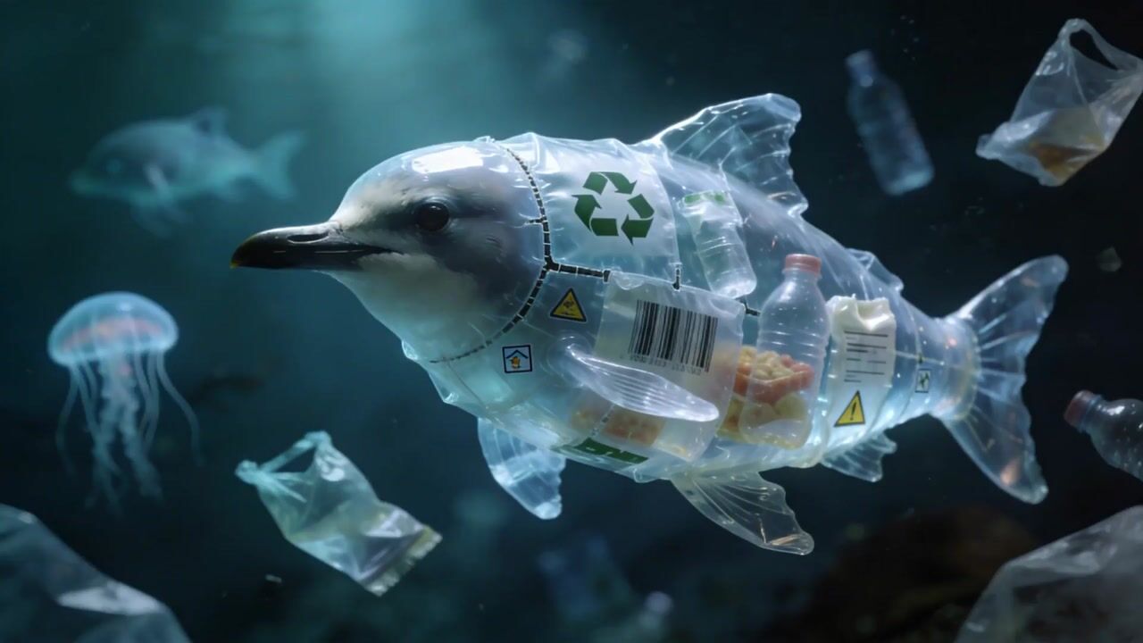Underwater dolphin formed from discarded plastic bottles and packaging