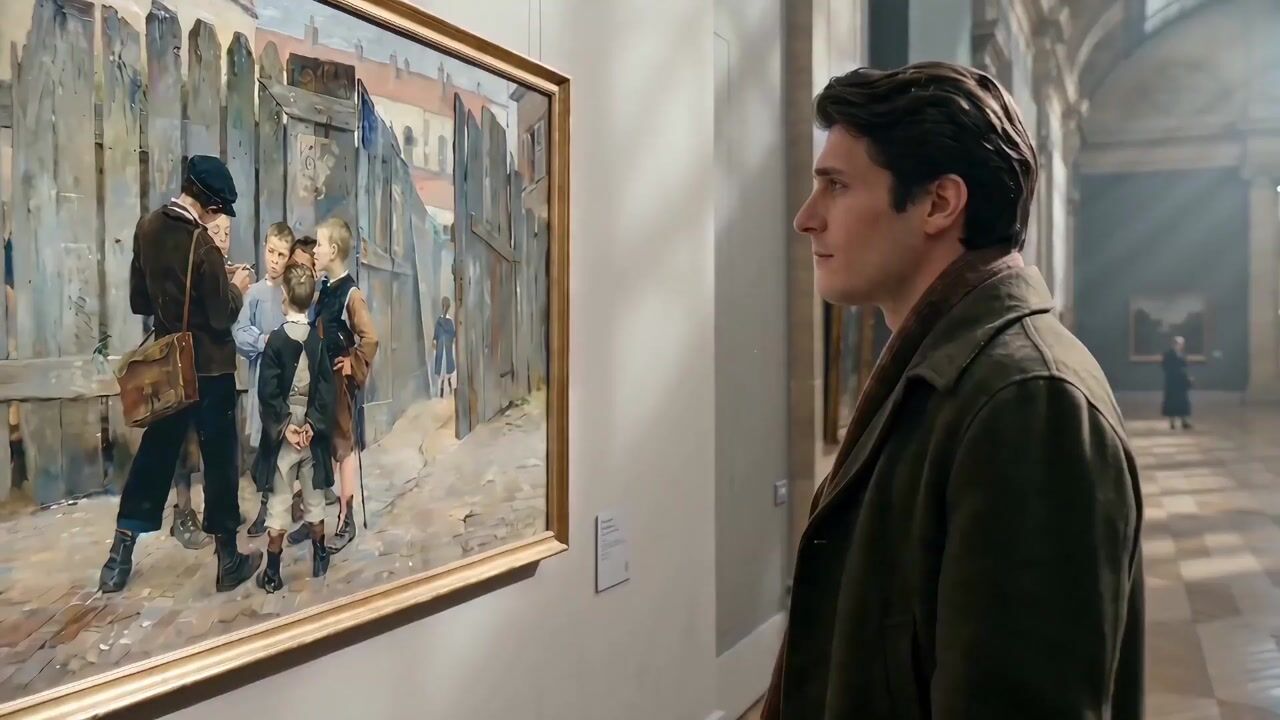 Young man in a gallery looking at a framed painting