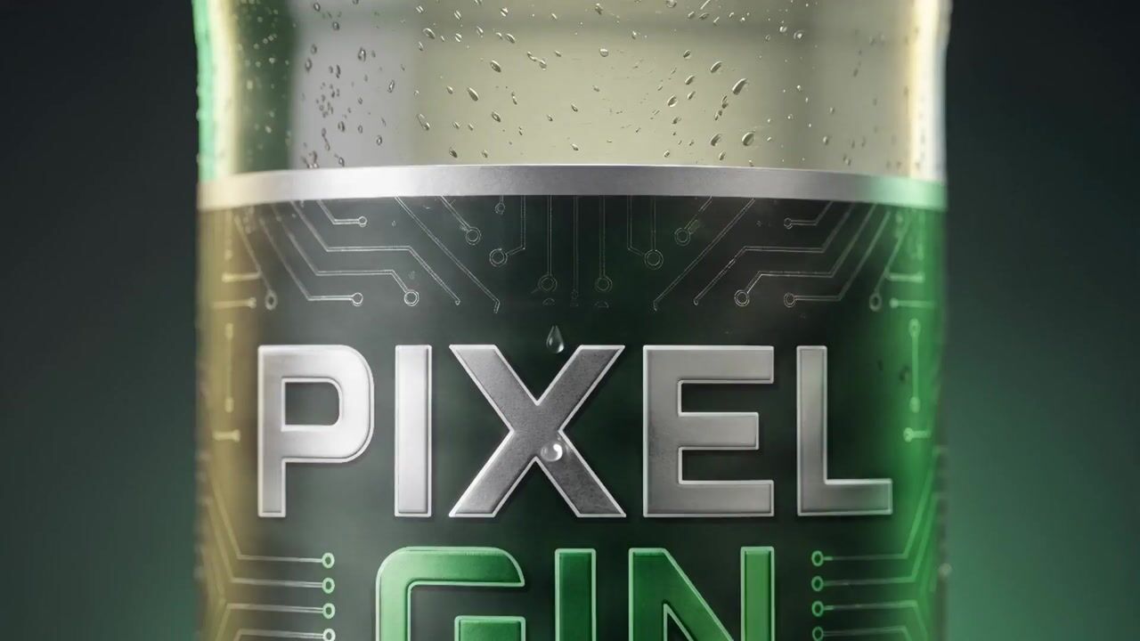 Green gin bottle labelled Pixel Gin with a circuit-board pattern