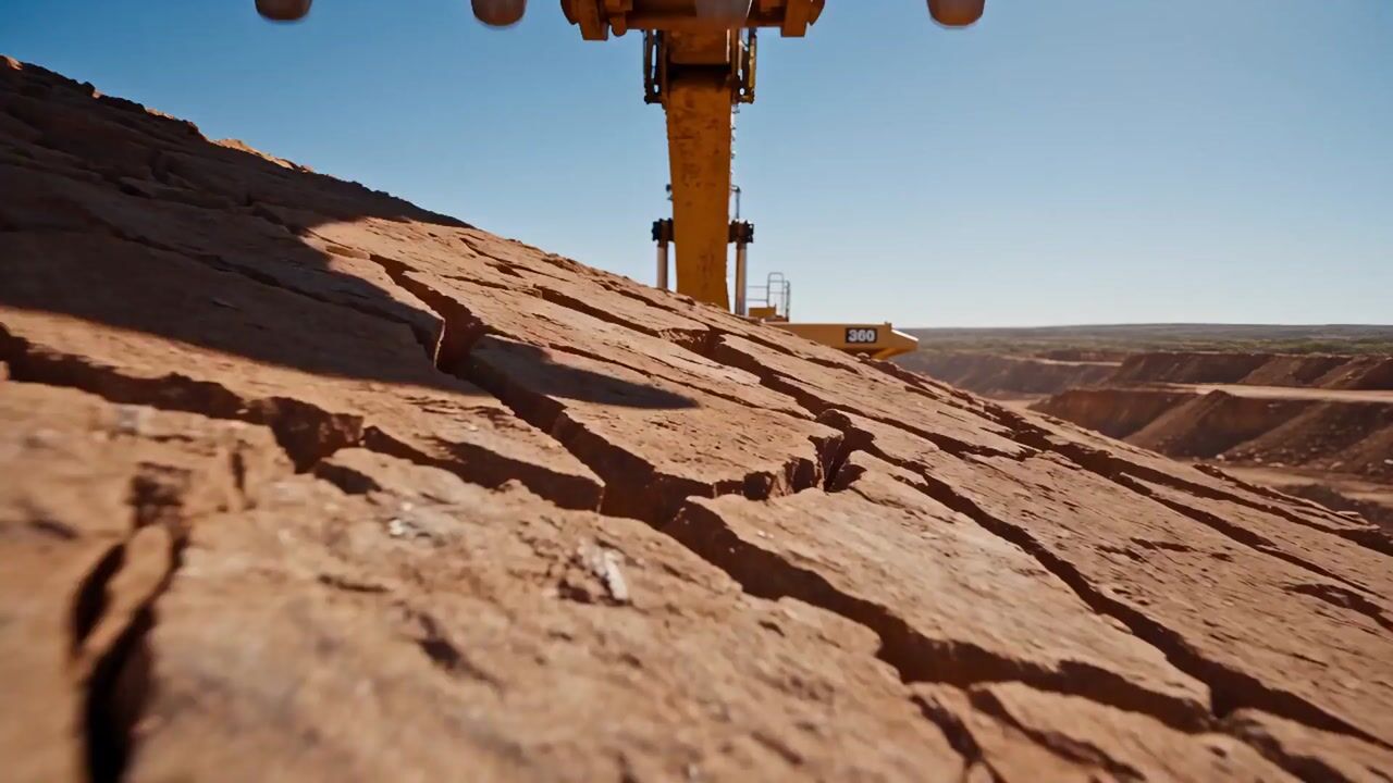 Excavator working a red rock escarpment at an open-cut mine site
