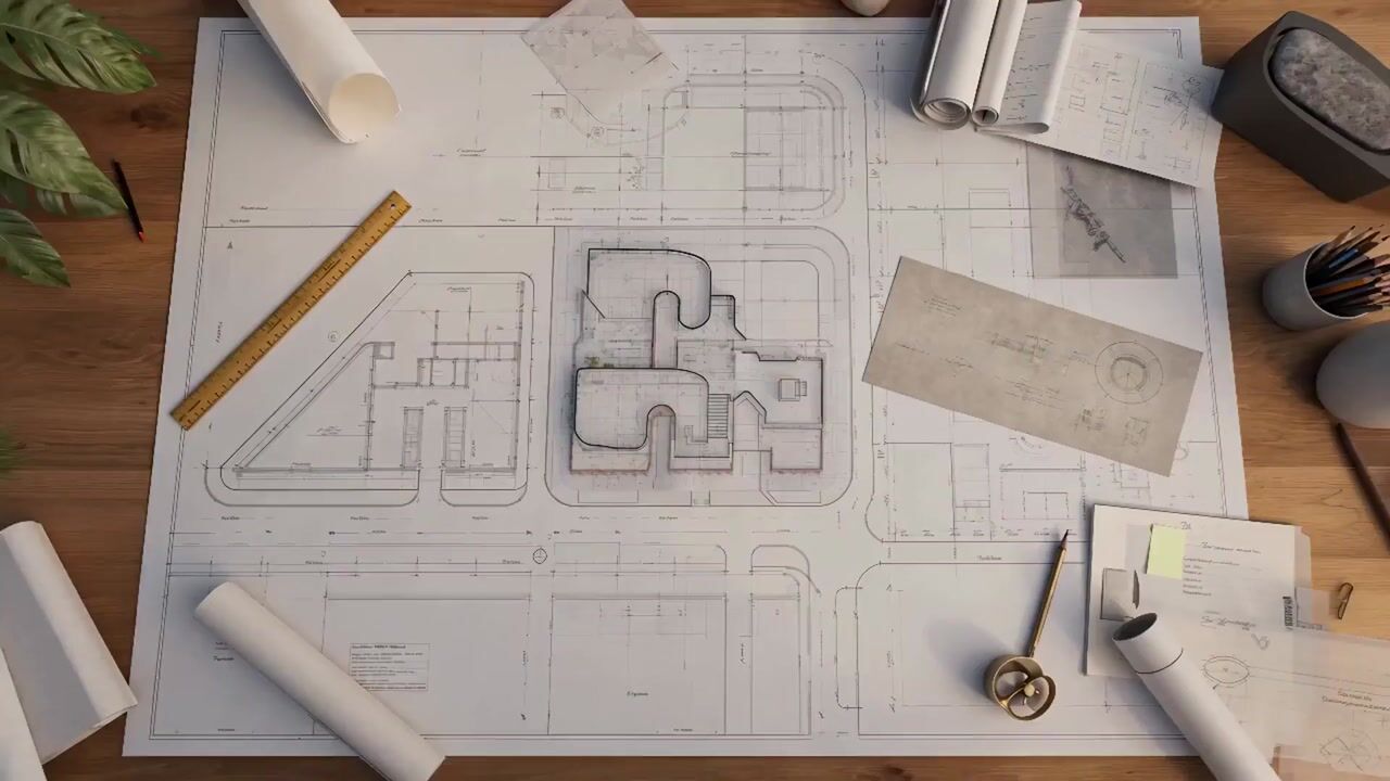 Architectural site plans and rolled drawings spread across a desk